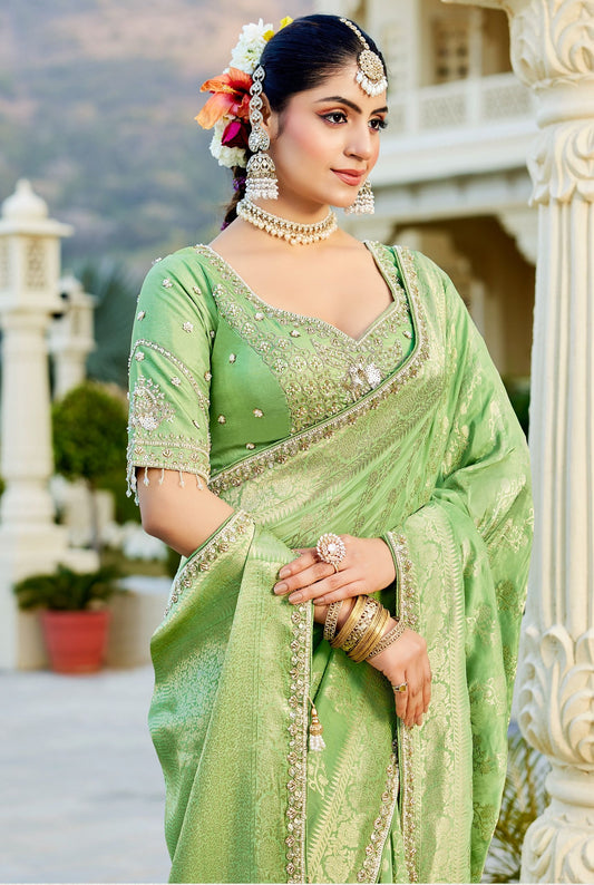 Green Vicose Russian Fabric with Beads Work Saree 6360 - Shopping World