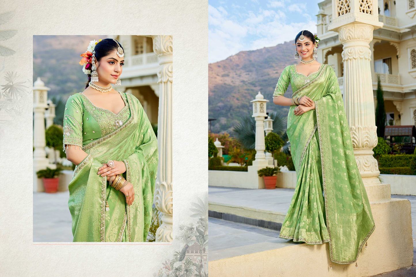 Green Vicose Russian Fabric with Beads Work Saree 6360 - Shopping World