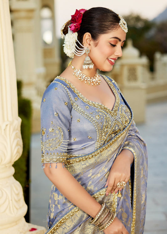 Blue Viscose Russian Fabric with Beads Work Saree 6363 - Shopping World