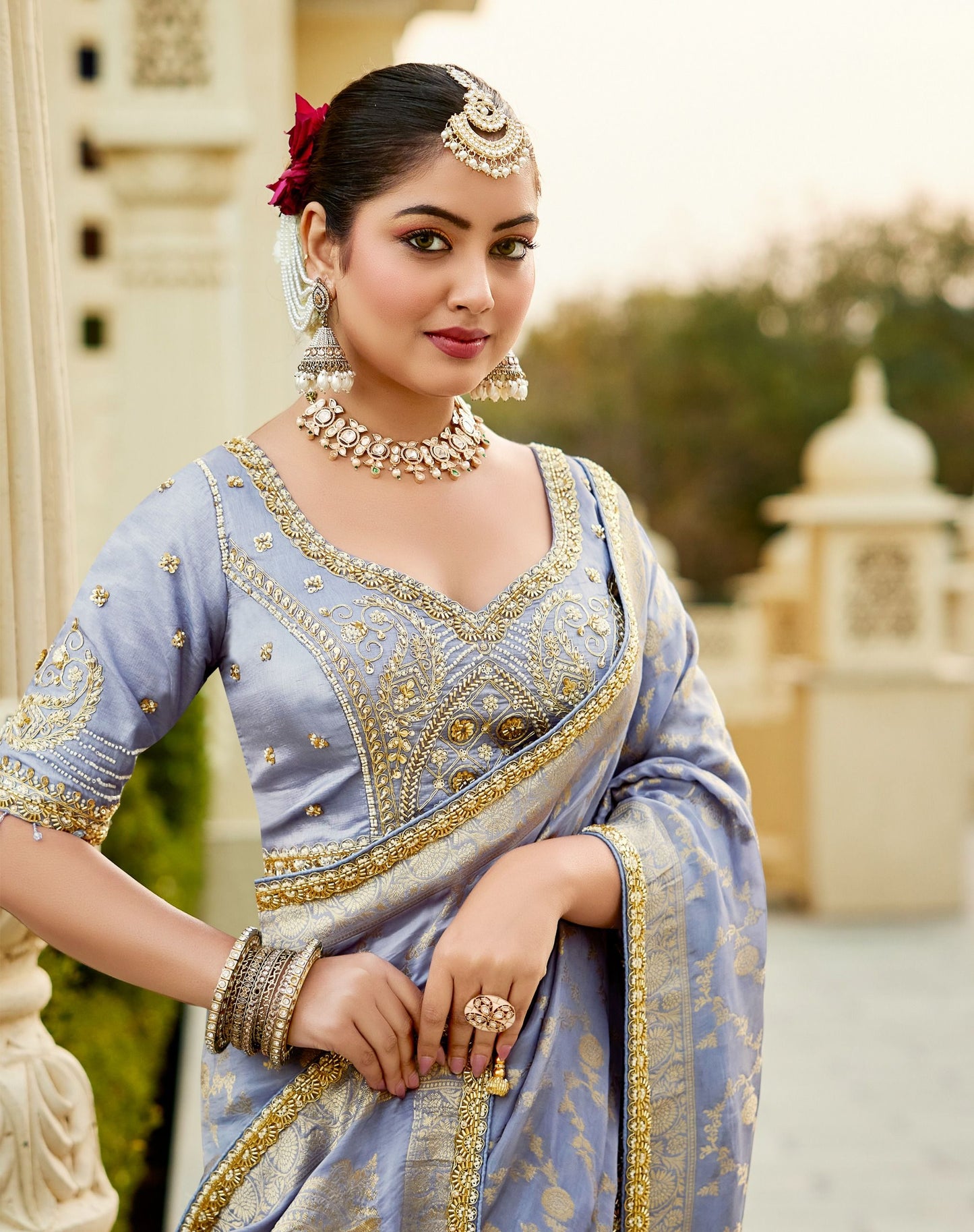 Blue Viscose Russian Fabric with Beads Work Saree 6363 - Shopping World