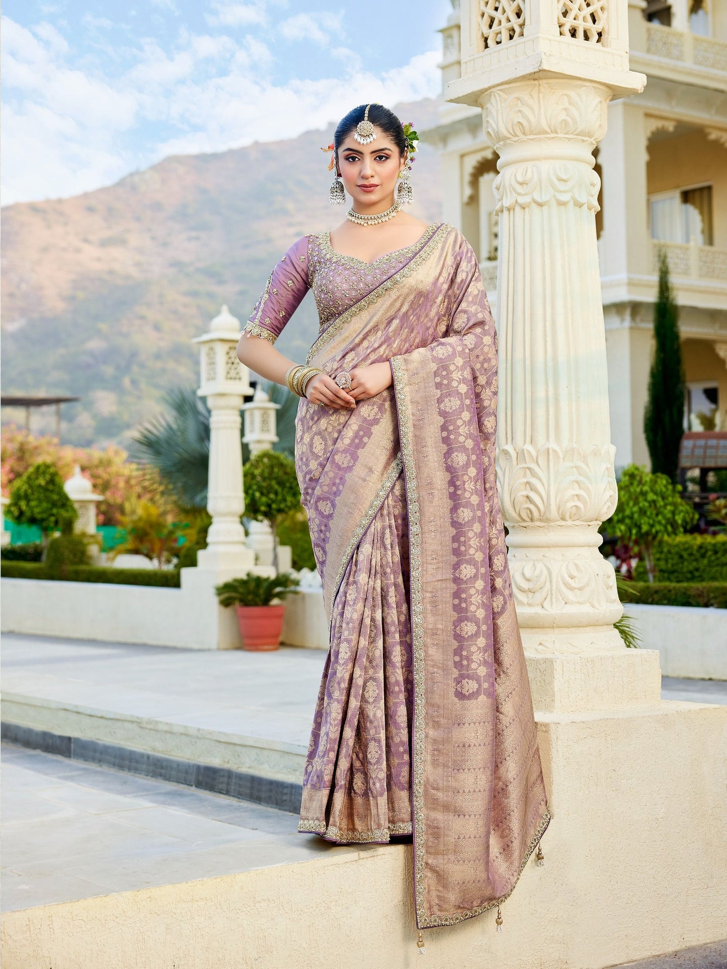 Lavender Vicose Tissue Fabric with Beads Work Saree 6365 - Shopping World