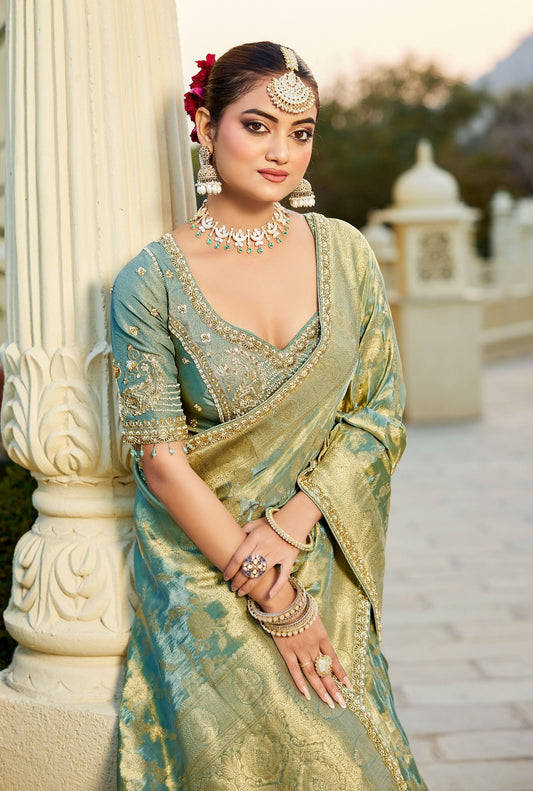 Pista Green Vicose Tissue Fabric with Beads Work Saree 6367 - Shopping World