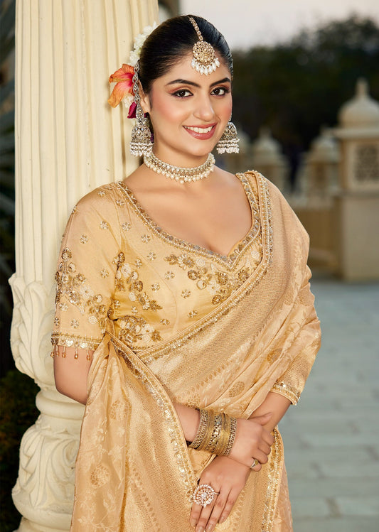 Golden Vicose Tissue Fabric with Beads Work Saree 6368 - Shopping World