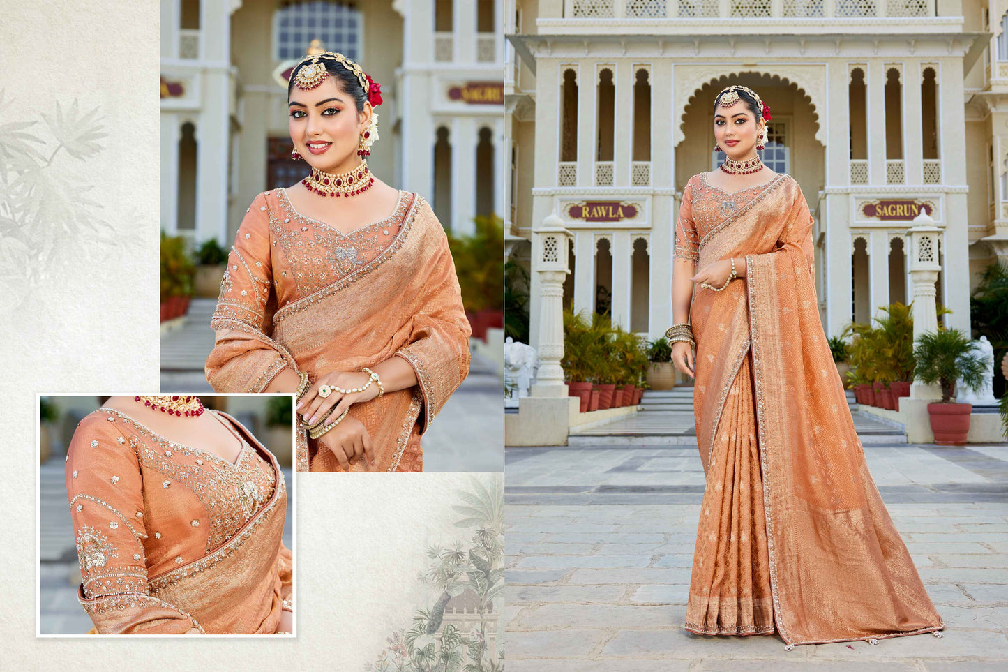 Orange Vicose Tissue Fabric with Beads Work Saree 6369 - Shopping World
