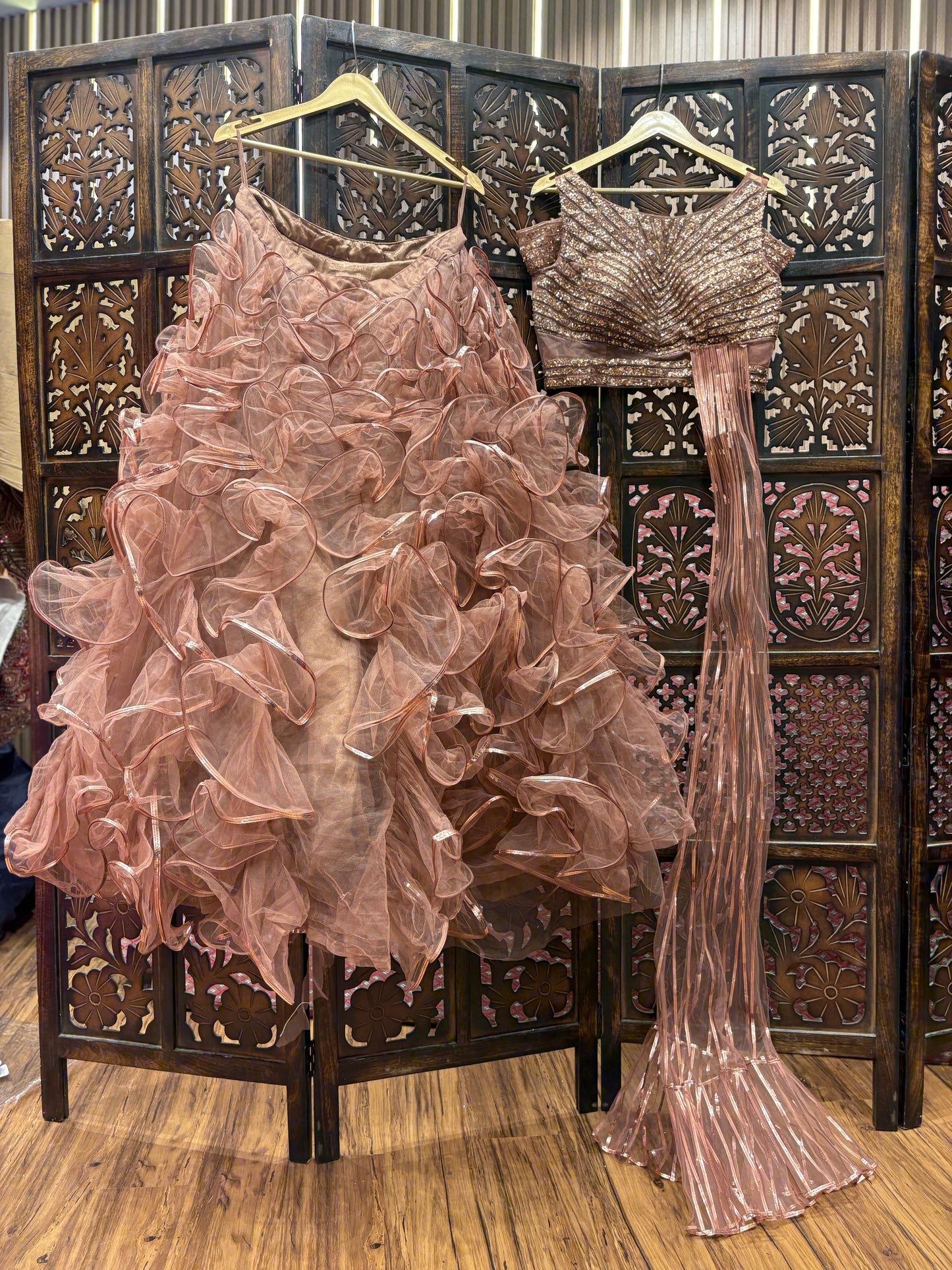 Delightful peach Frill crop top Lehenga