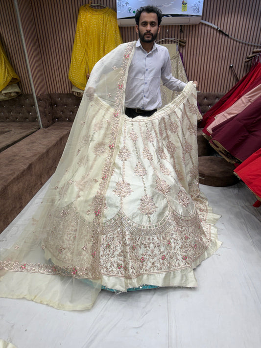 Off White zardozi dabka Designer Lehenga