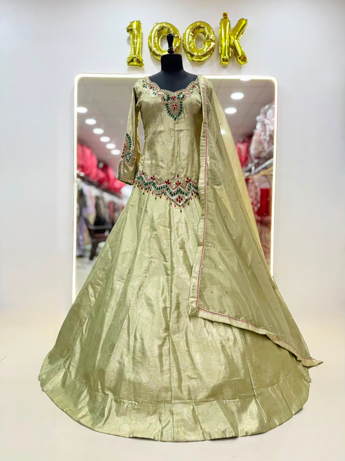 Pink Long Crop Top Lehenga