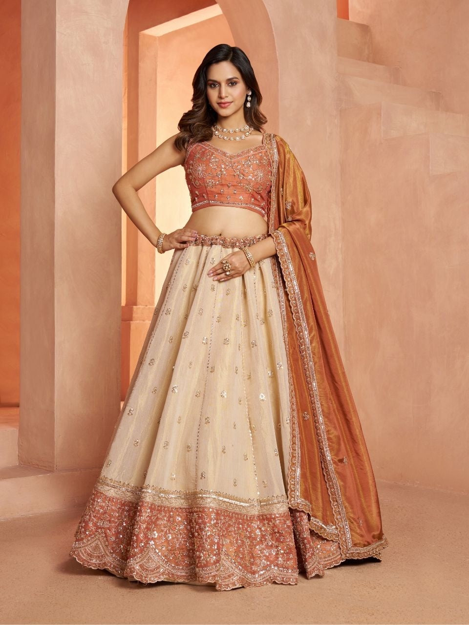 White Mustard Double Shade Crop Top Lehenga