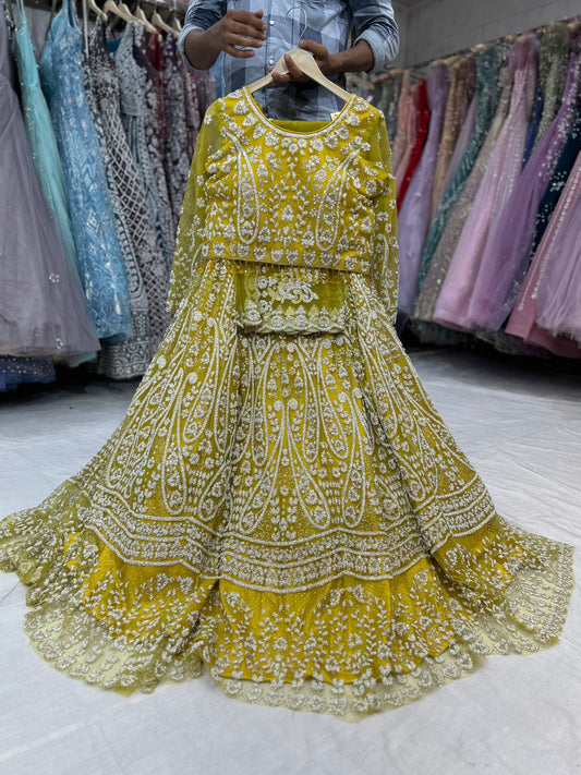 Golden yellow crop top dress Lehenga
