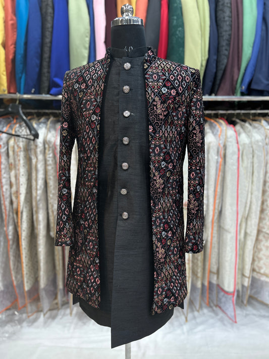 टील ब्लू इंडो-वेस्टर्न शेरवानी