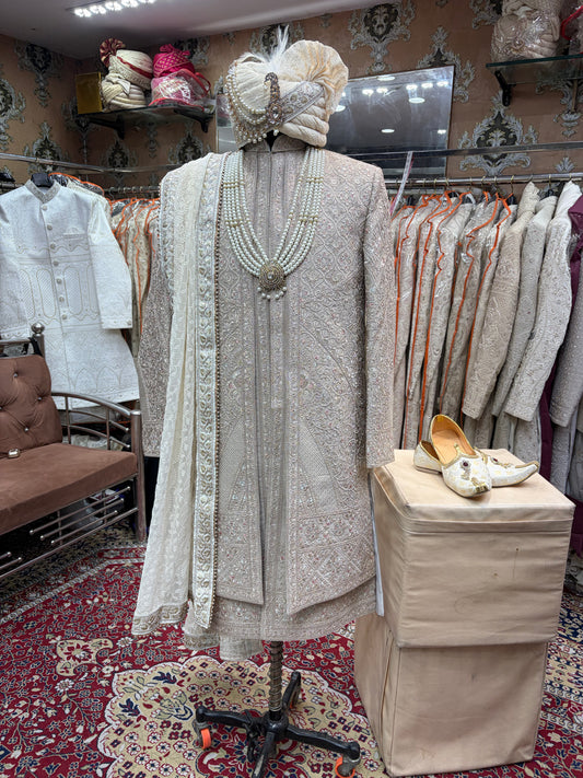 Light Beige Golden White sherwani