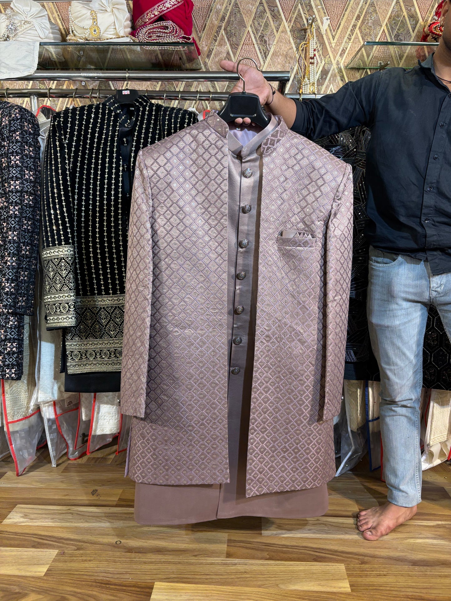 rust brown onion pink Jodhpuri indo western blazer kurta Sherwani