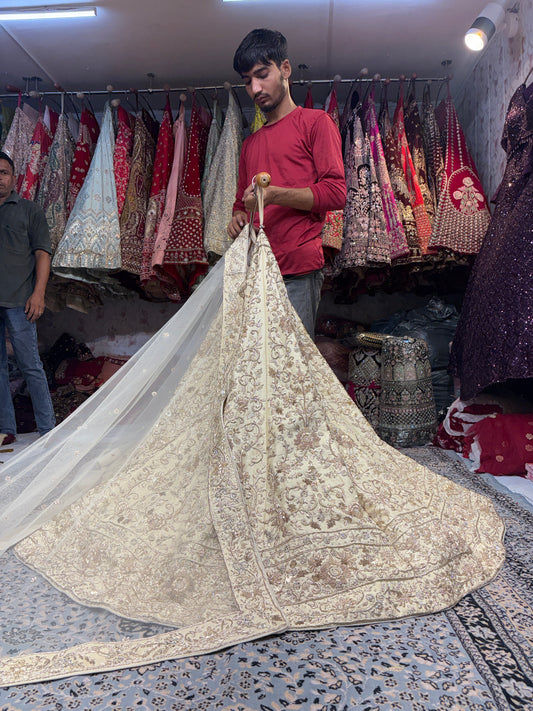 Fantastic cream handwork zardozi dabka white Lehenga