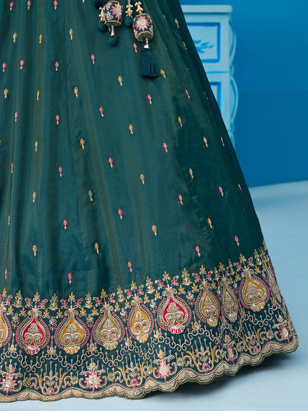 Rama green- Cosmos Silk Beads & Sequins Embroidered Lehenga 6313