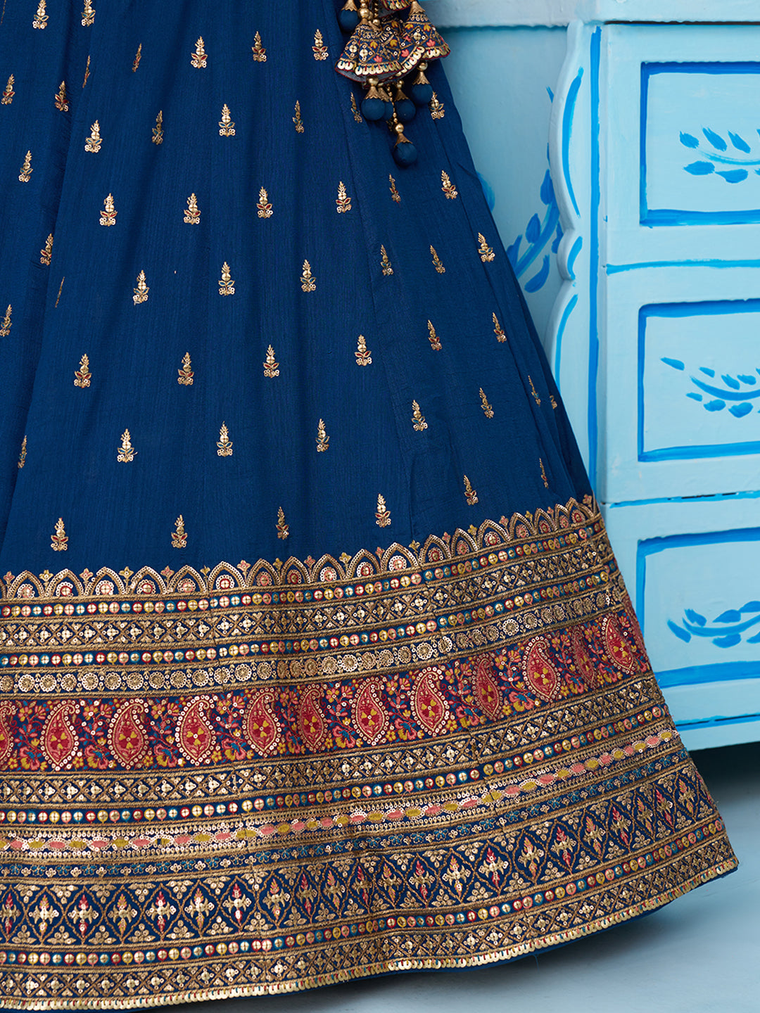 Teal- Chinnon Silk Sequinned Thread & Zari Embroidered Lehenga 6213