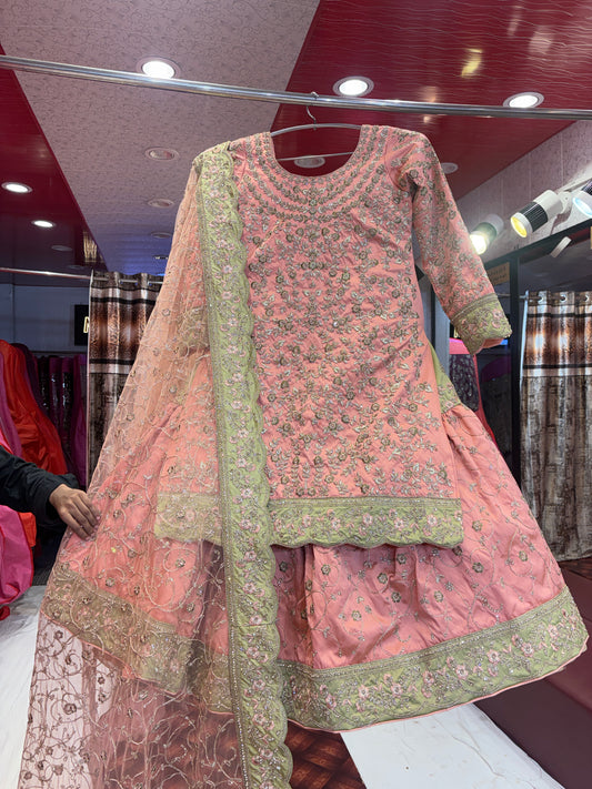 Engaging pink farshi gharara zardozi dabka handwork peplum dress lehenga