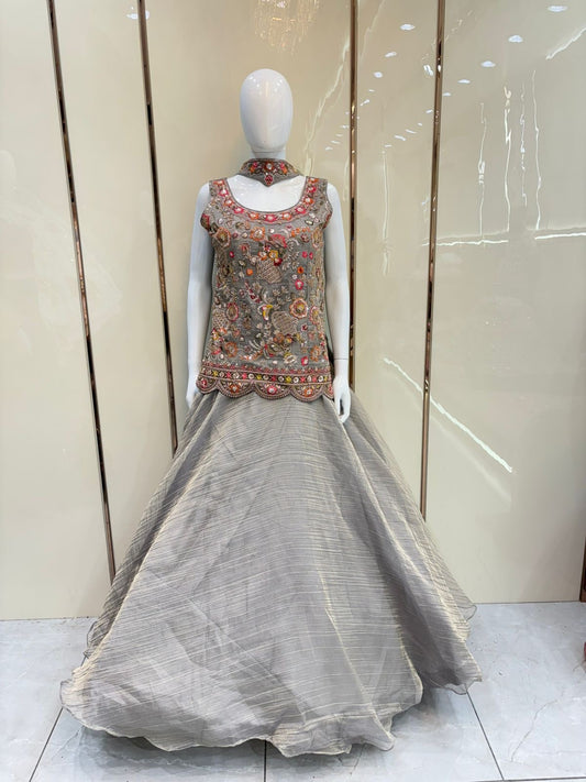 Pink green Crop top Lehenga