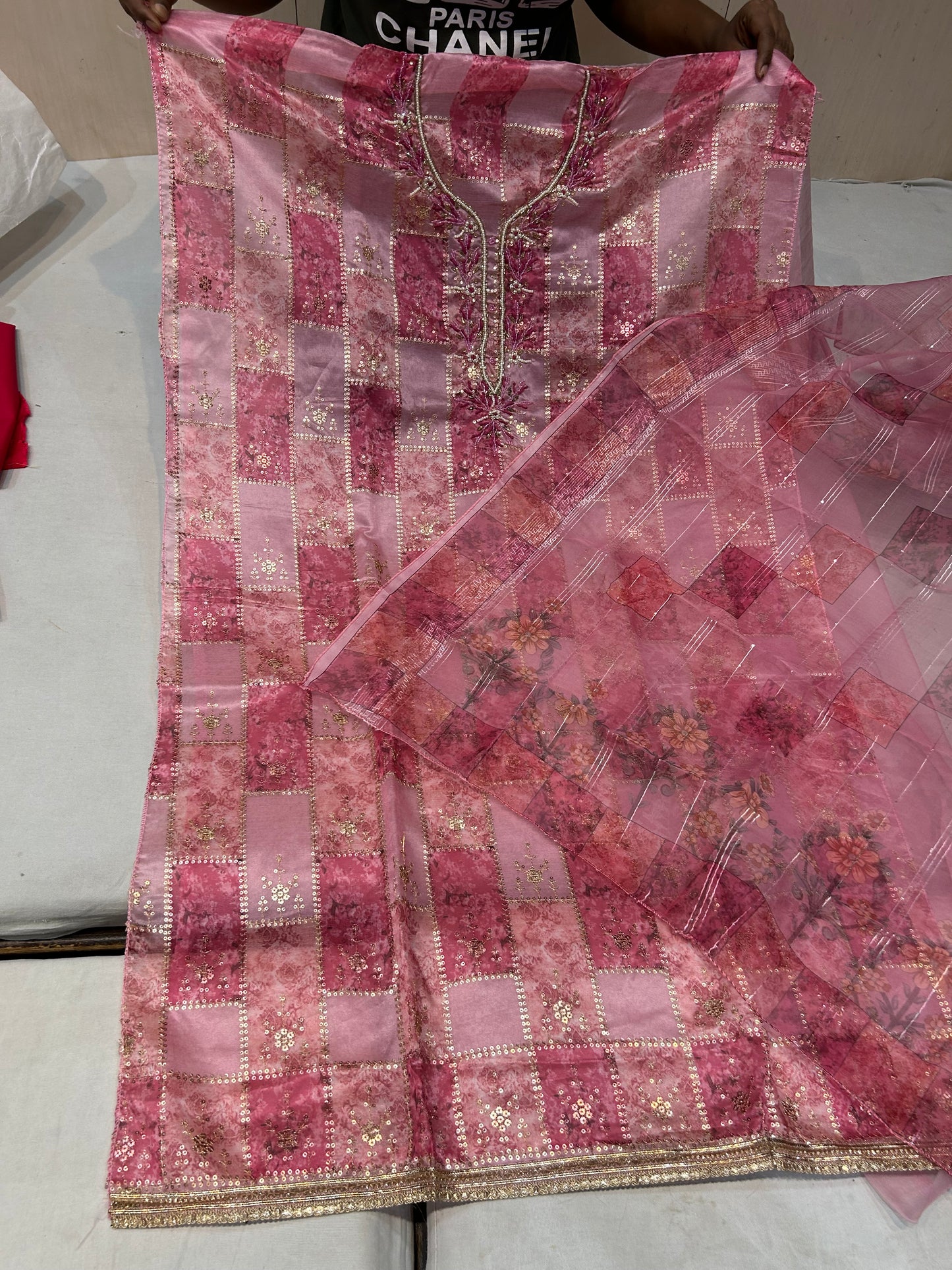 Designer baby pink unstitched ladies suit