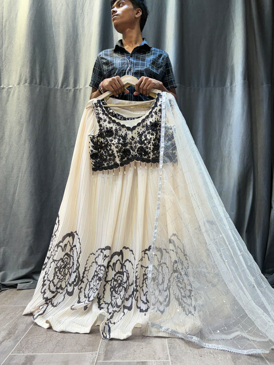 Beautiful white black crop top Lehenga