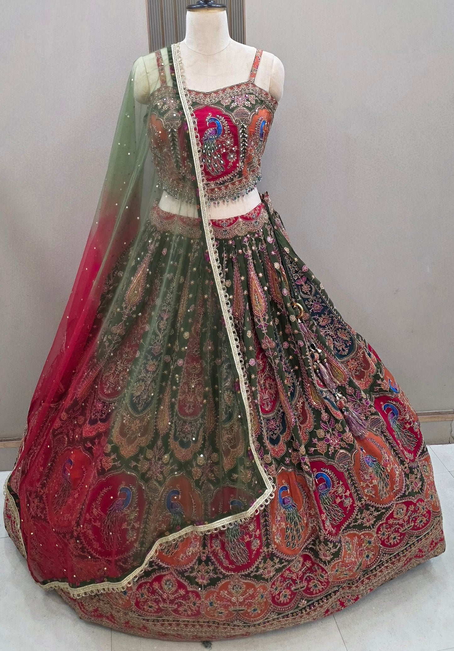 Blue pink peacock Banarasi Crop Top Lehenga