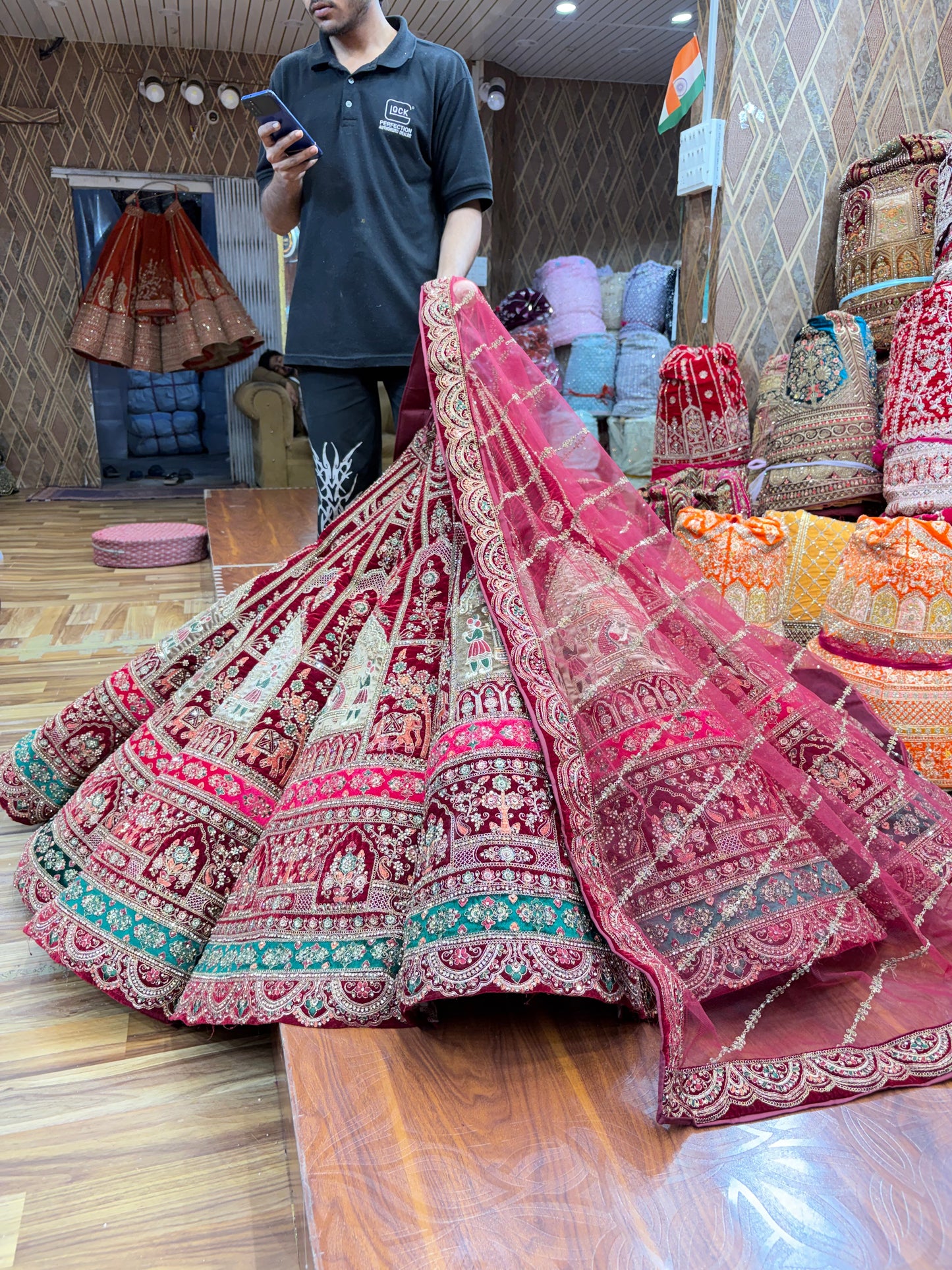 Doli Barat figure pattern maroon Ball Bridal Lehenga