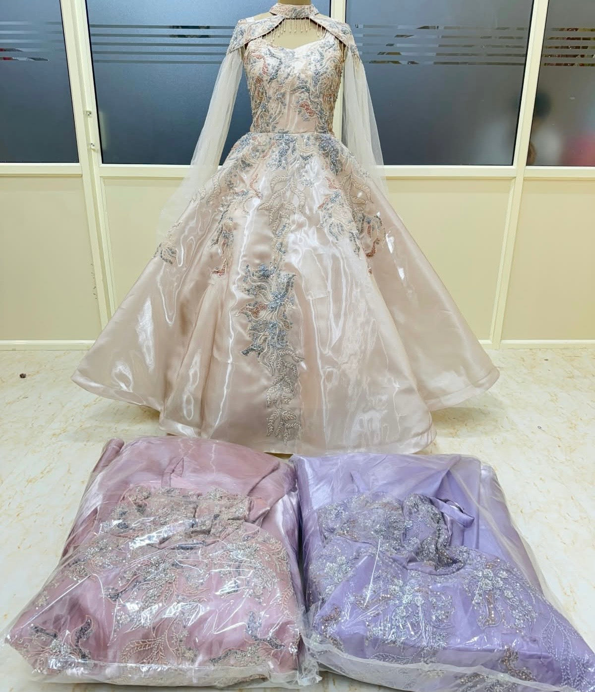 Off white Pink Lavender gown lehenga