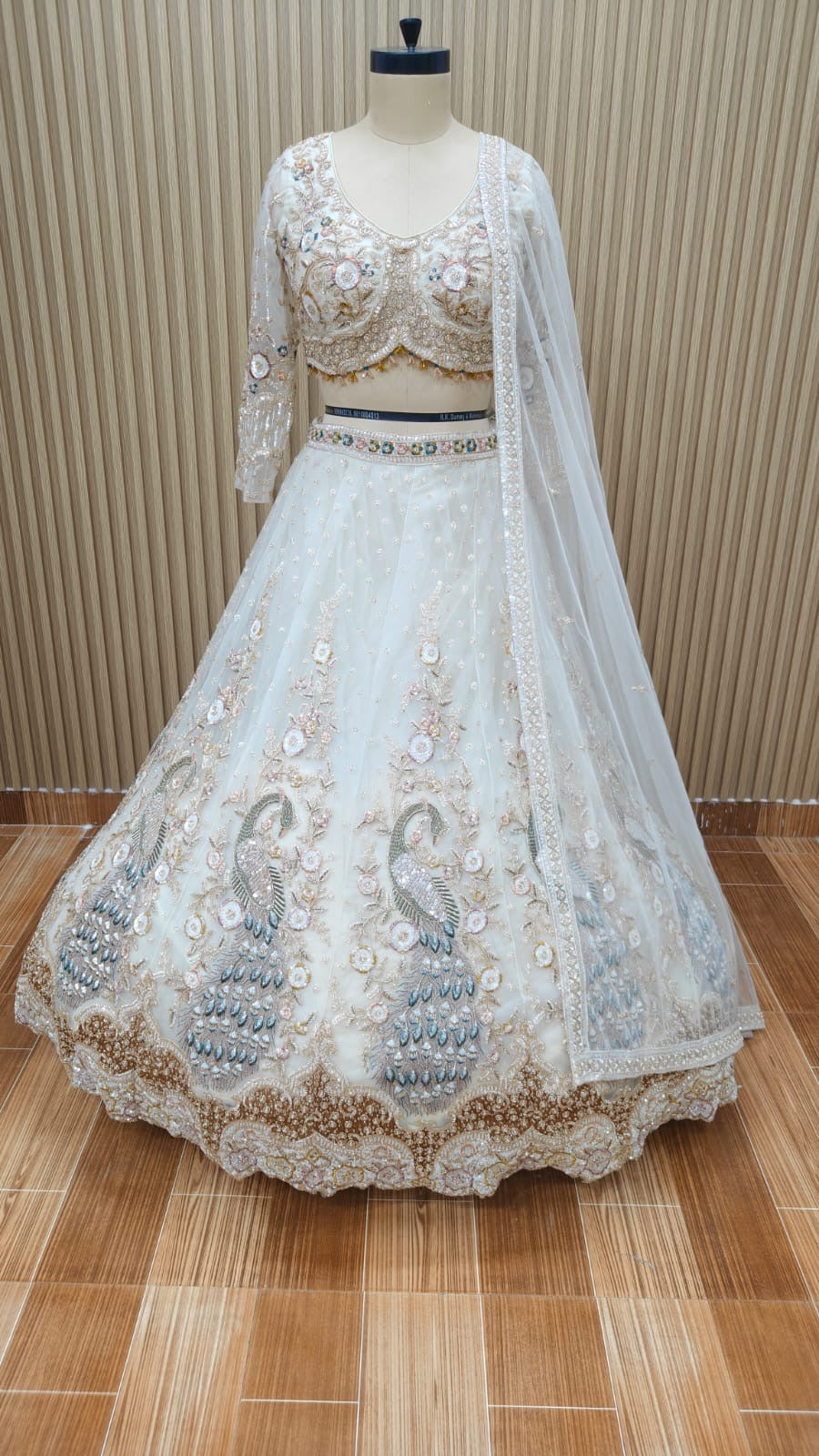 White Peacock Crop Top Lehenga