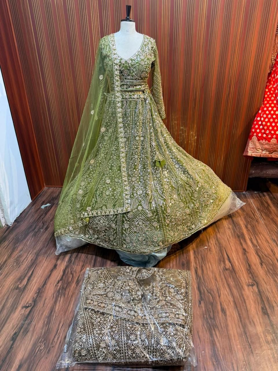 Green brown crop top Lehenga