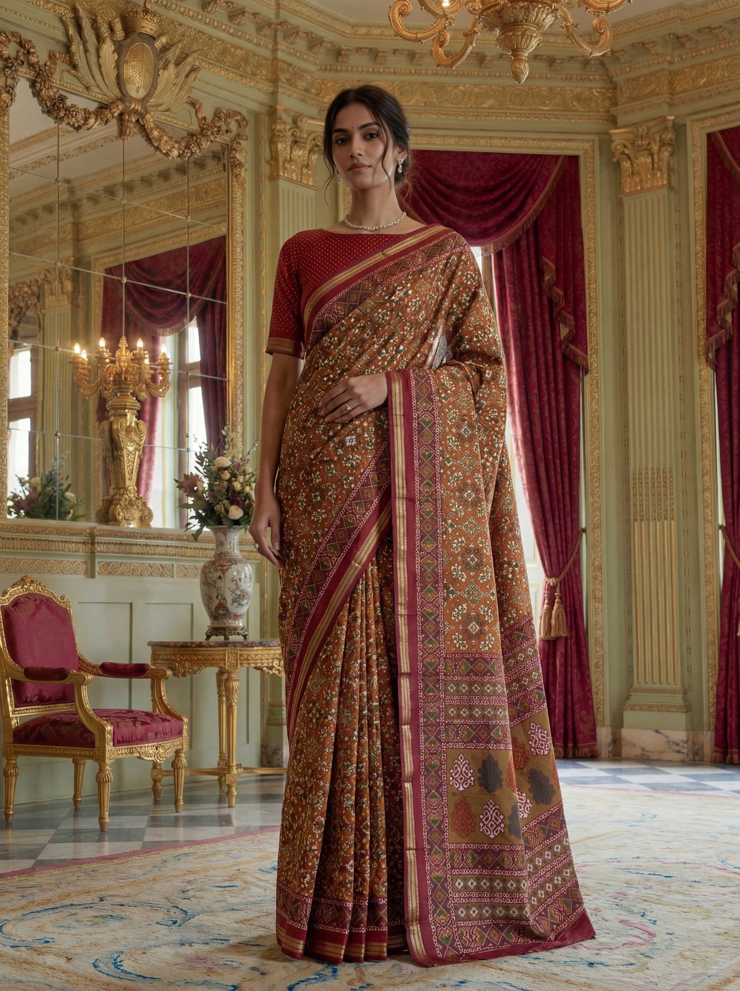 Maroon Mustard Poly Viscose Fabric Saree 6178-07 - Shopping World