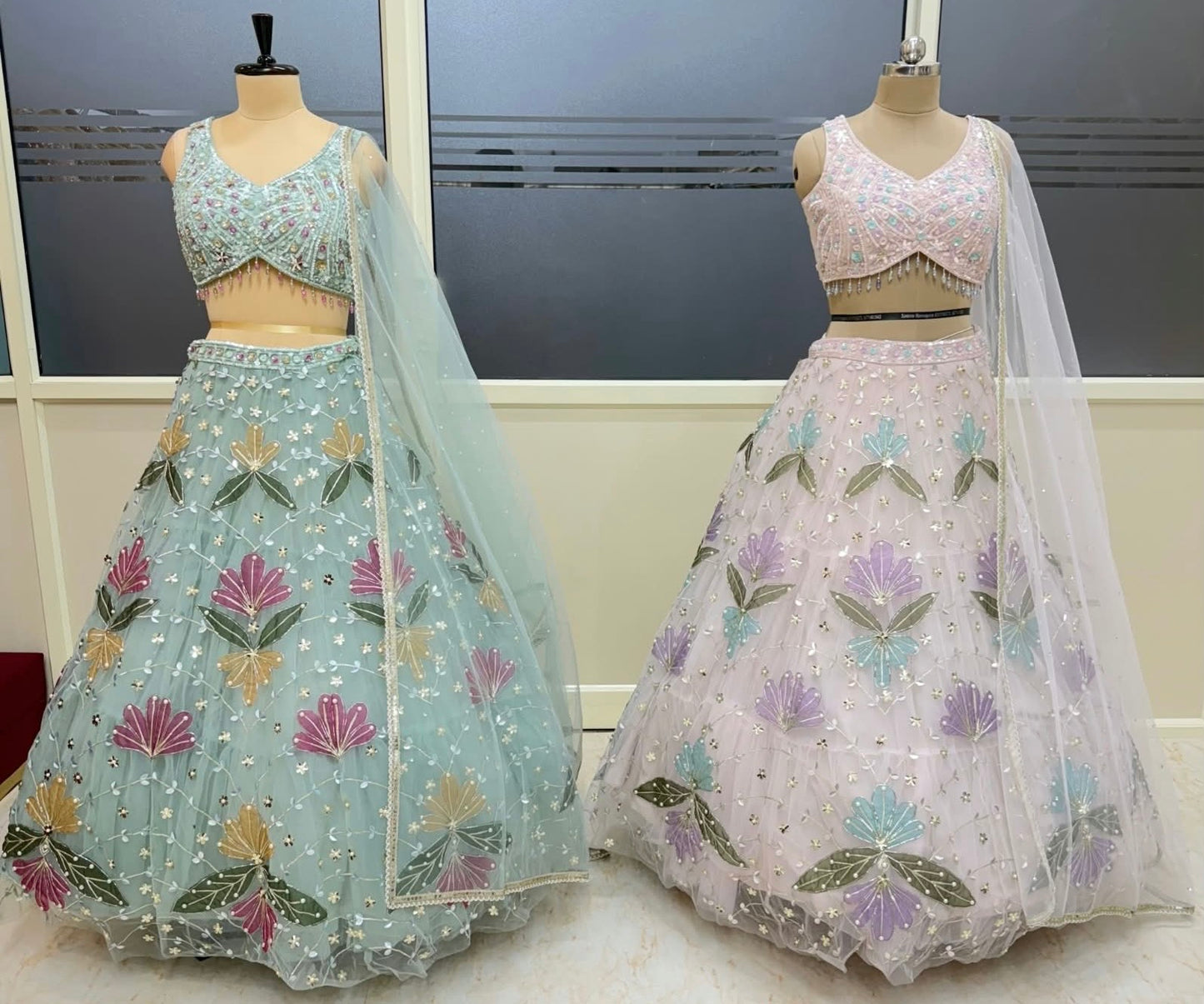 Blue pink crop top lehenga