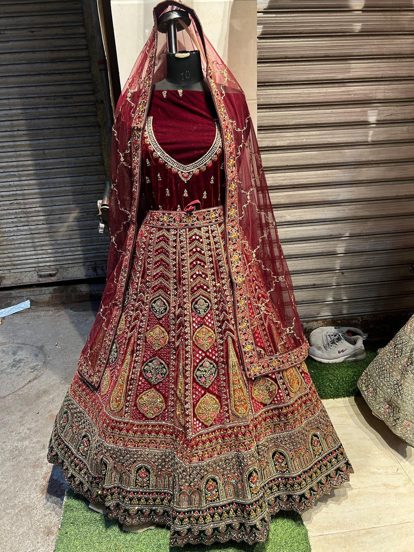 Heavy cherry maroon bridal lehenga