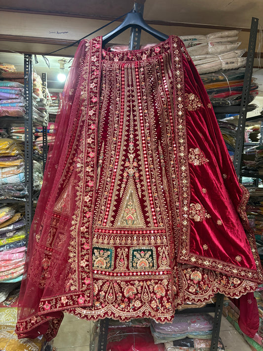 Rani pink Maroon Dark Maroon Double Duptta Velvet Bridal Lehenga