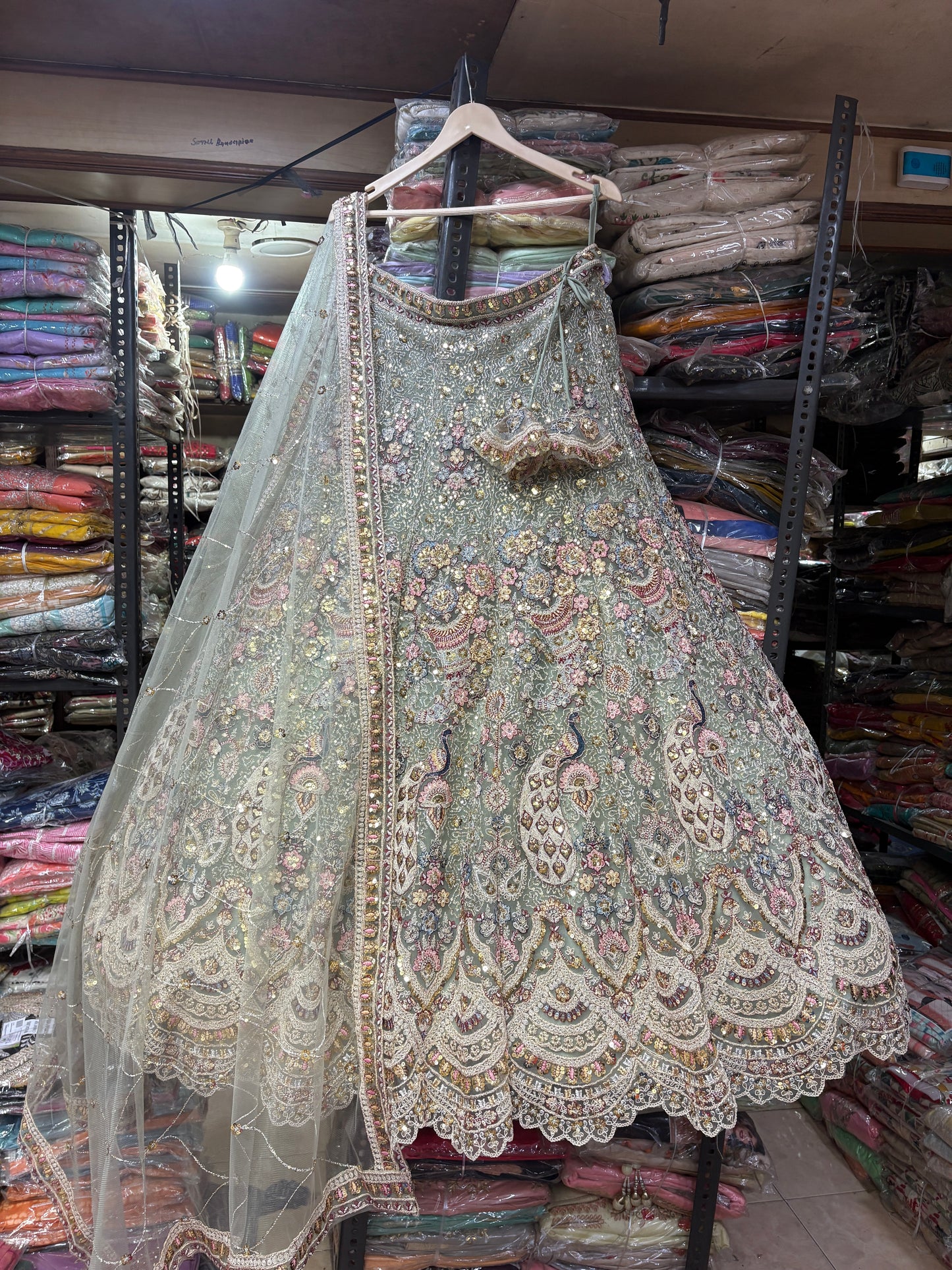 Elegant pista green peacock Crop Top Lehenga