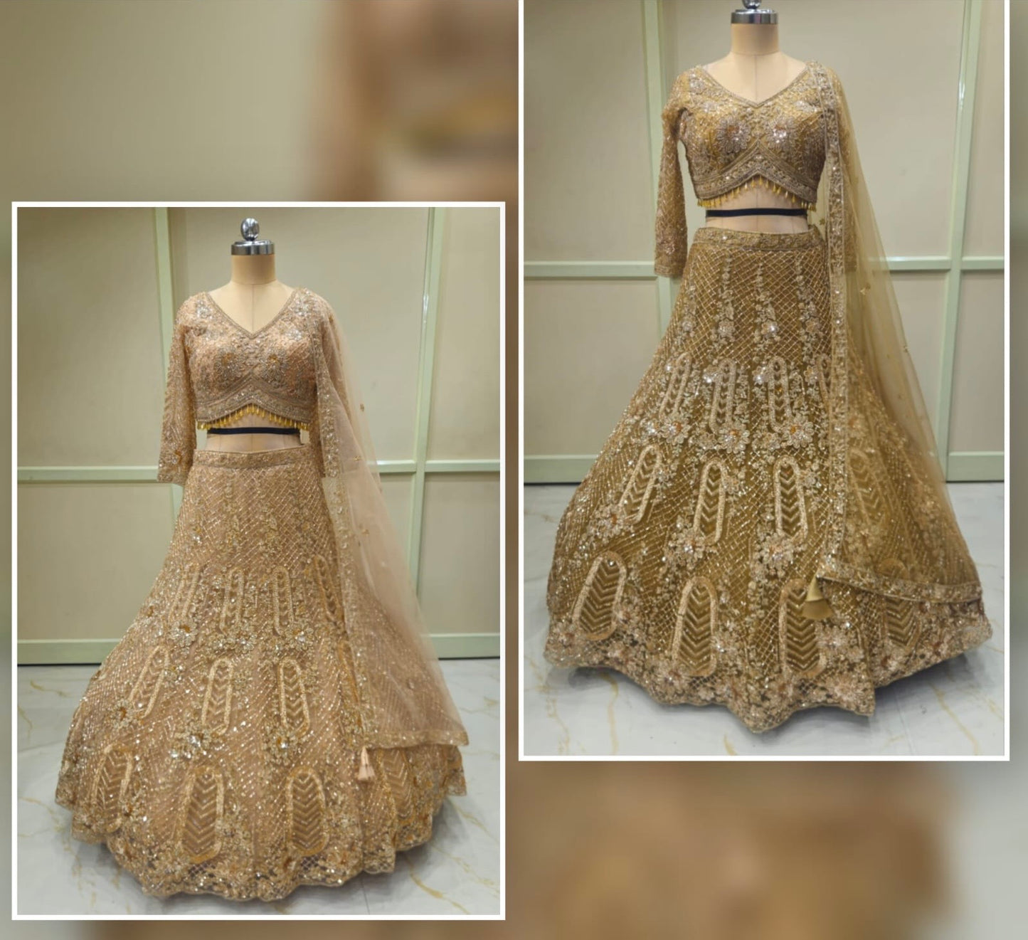Peach Golden Crop Top Lehenga