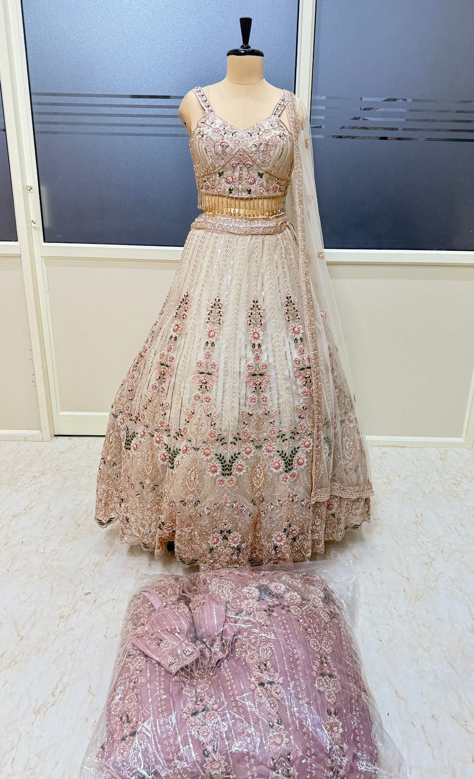 Golden pink crop top Lehenga
