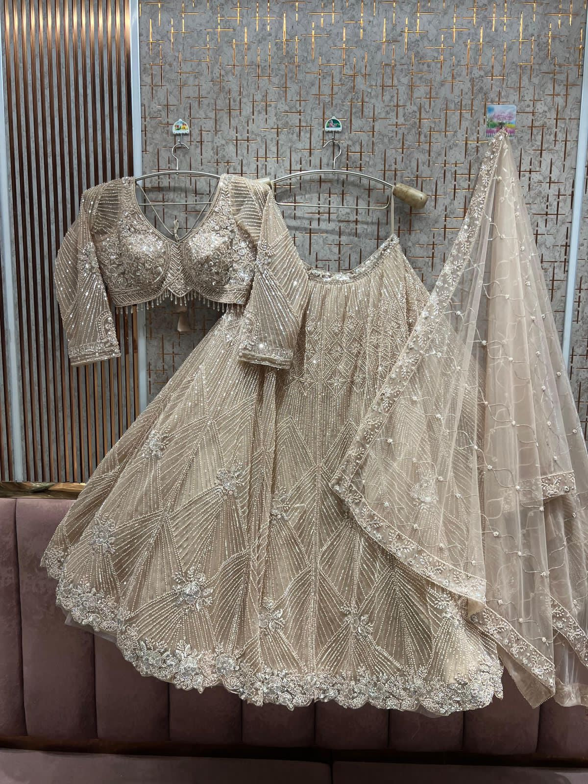 Beige Golden Crop Top Lehenga