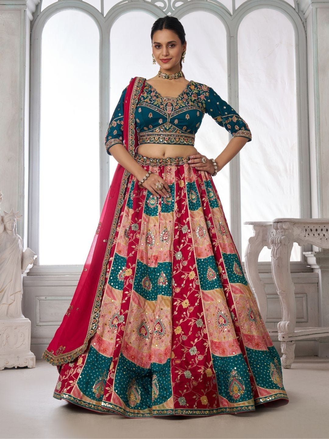 Pink Blue Multikali Designer Crop Top Lehenga