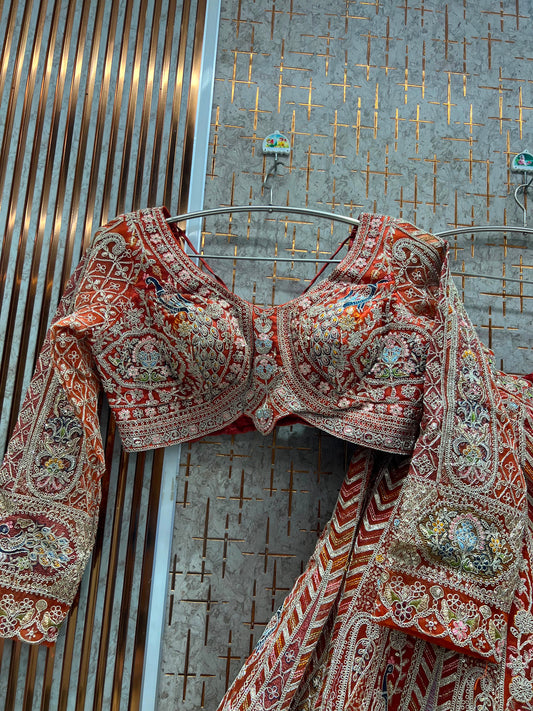 Rust Orange Peacock Crop Top Lehenga