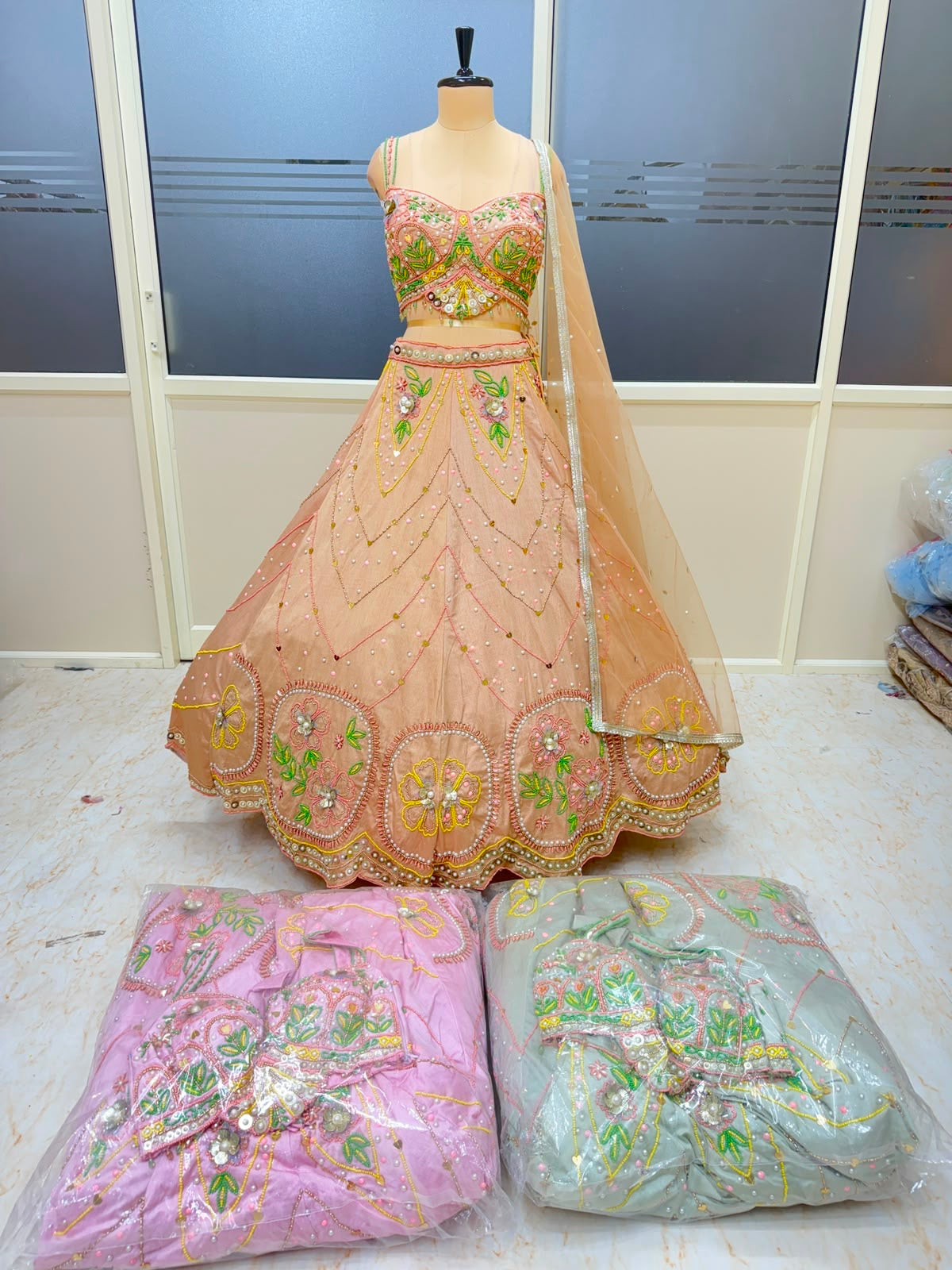 Peach pink mint green Crop top Lehenga