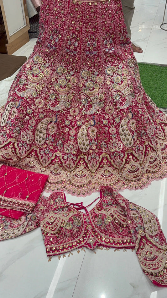 Good looking pink peacock crop top Lehenga