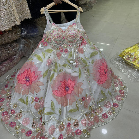 Designer White pink Floral Pdp Ready to wear Crop top Lehenga