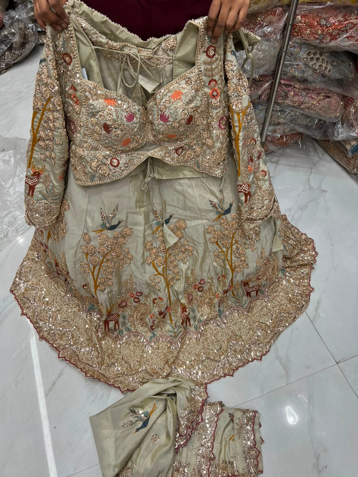 White Peacock Crop Top Lehenga