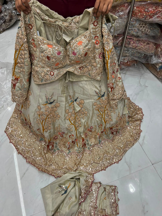 White Peacock Crop Top Lehenga