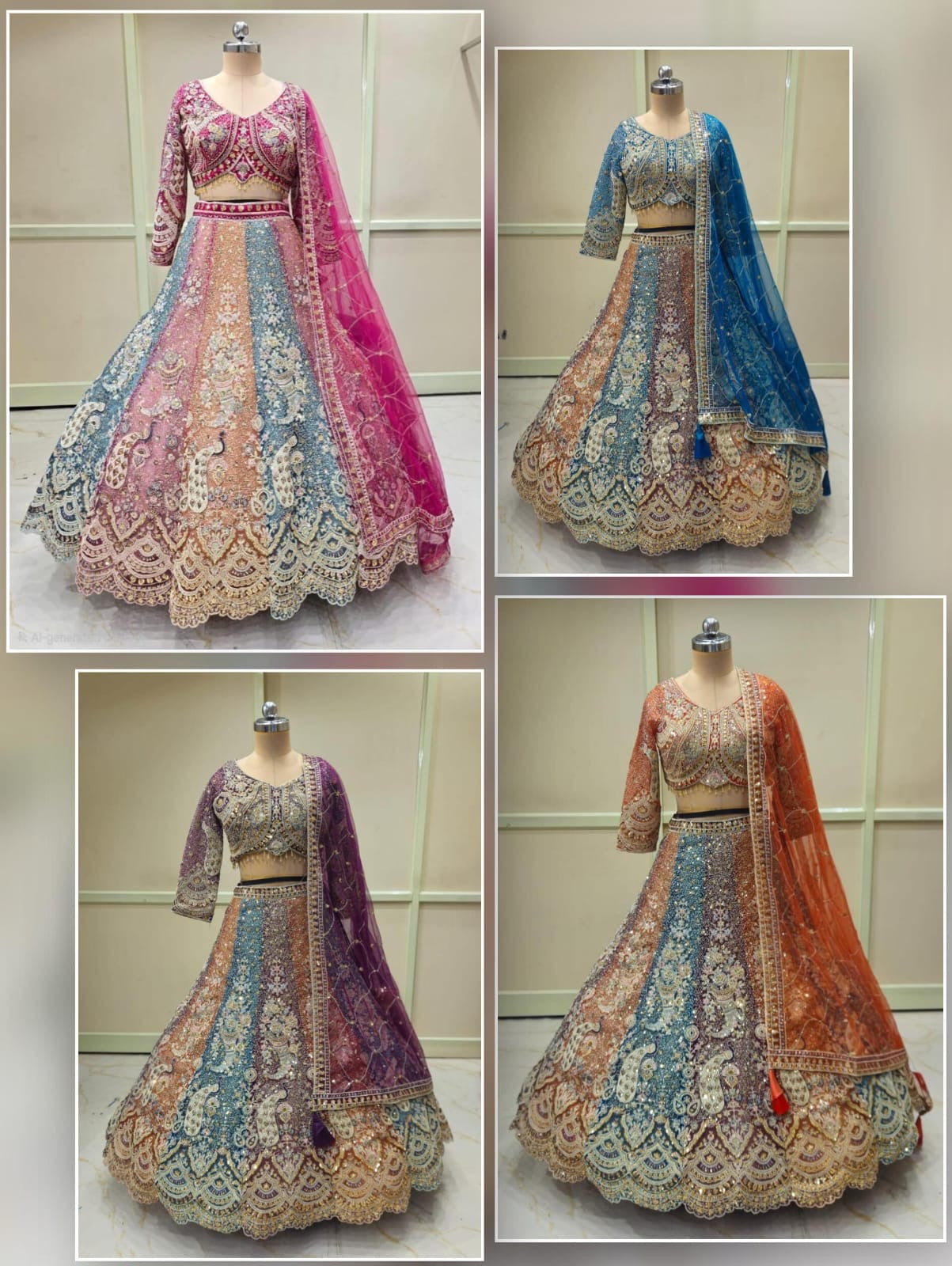 Purple Blue Rust Orange Pink Golden Multikali Crop Top Peacock Lehenga