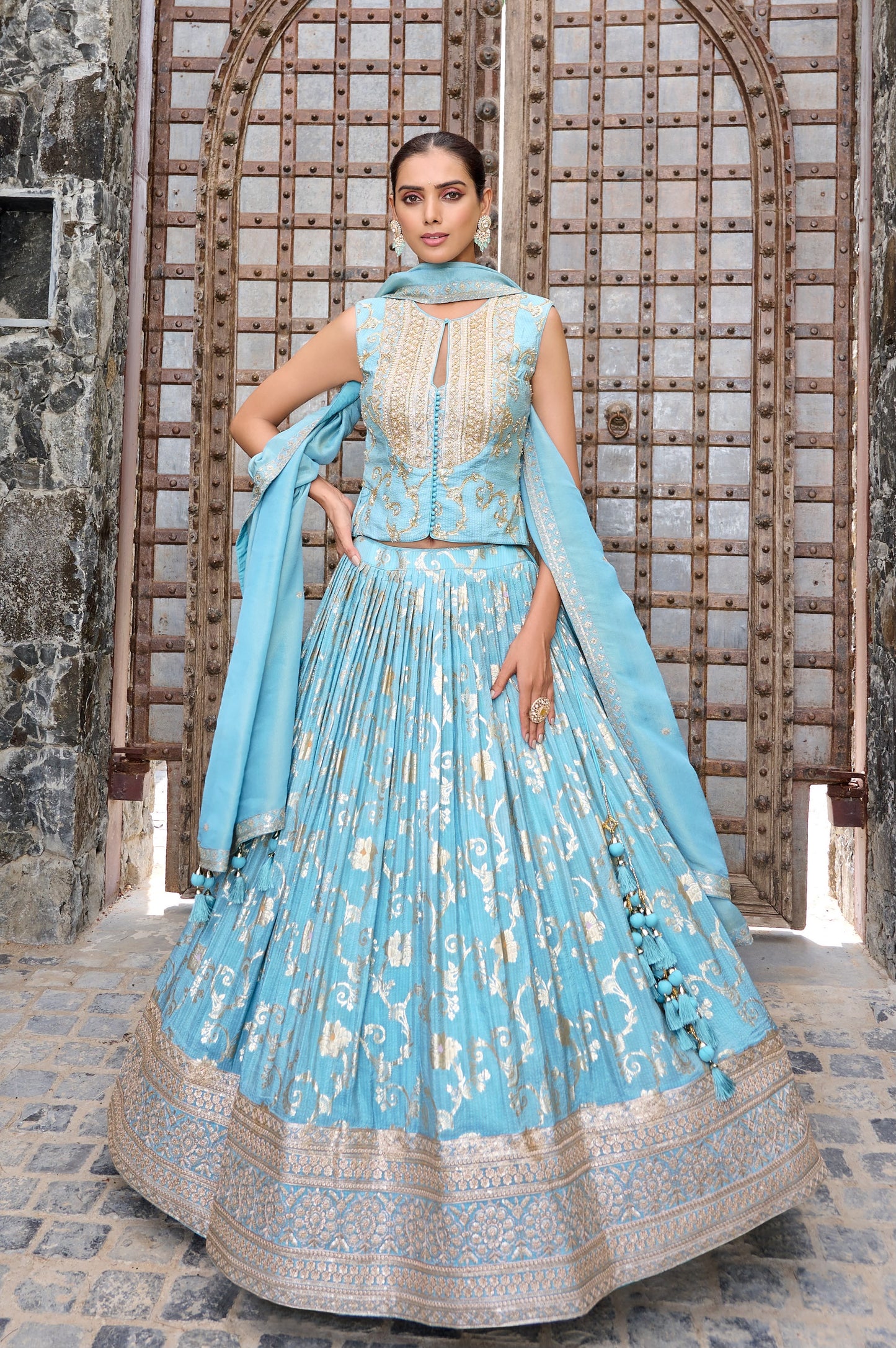 Sky Blue Designer Crop Top Lehenga - Shopping World
