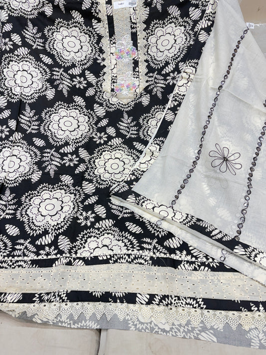 Elegant black white cotton unstitched suit ( free size )