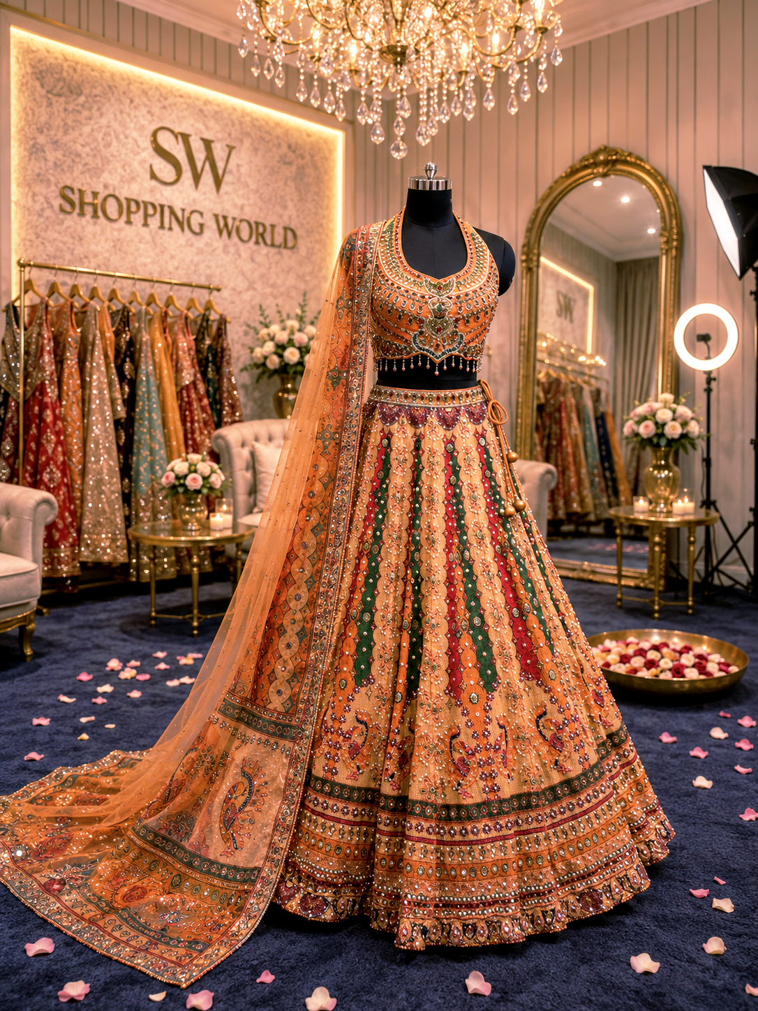 Peach Mustard Green Pdp Crop Top Lehenga