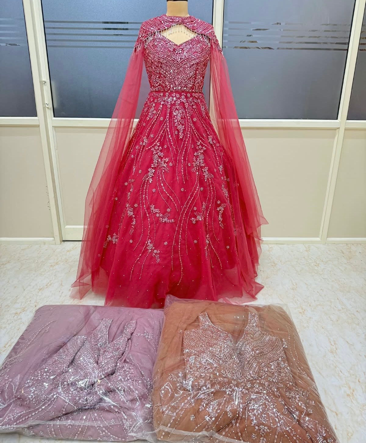 Red Pink light brown crop top lehenga