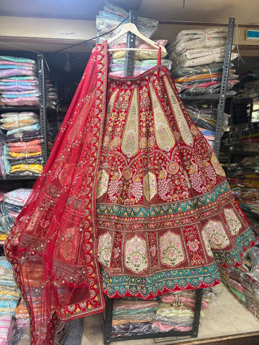 Lavishing red peacock maroon Bridal Lehenga