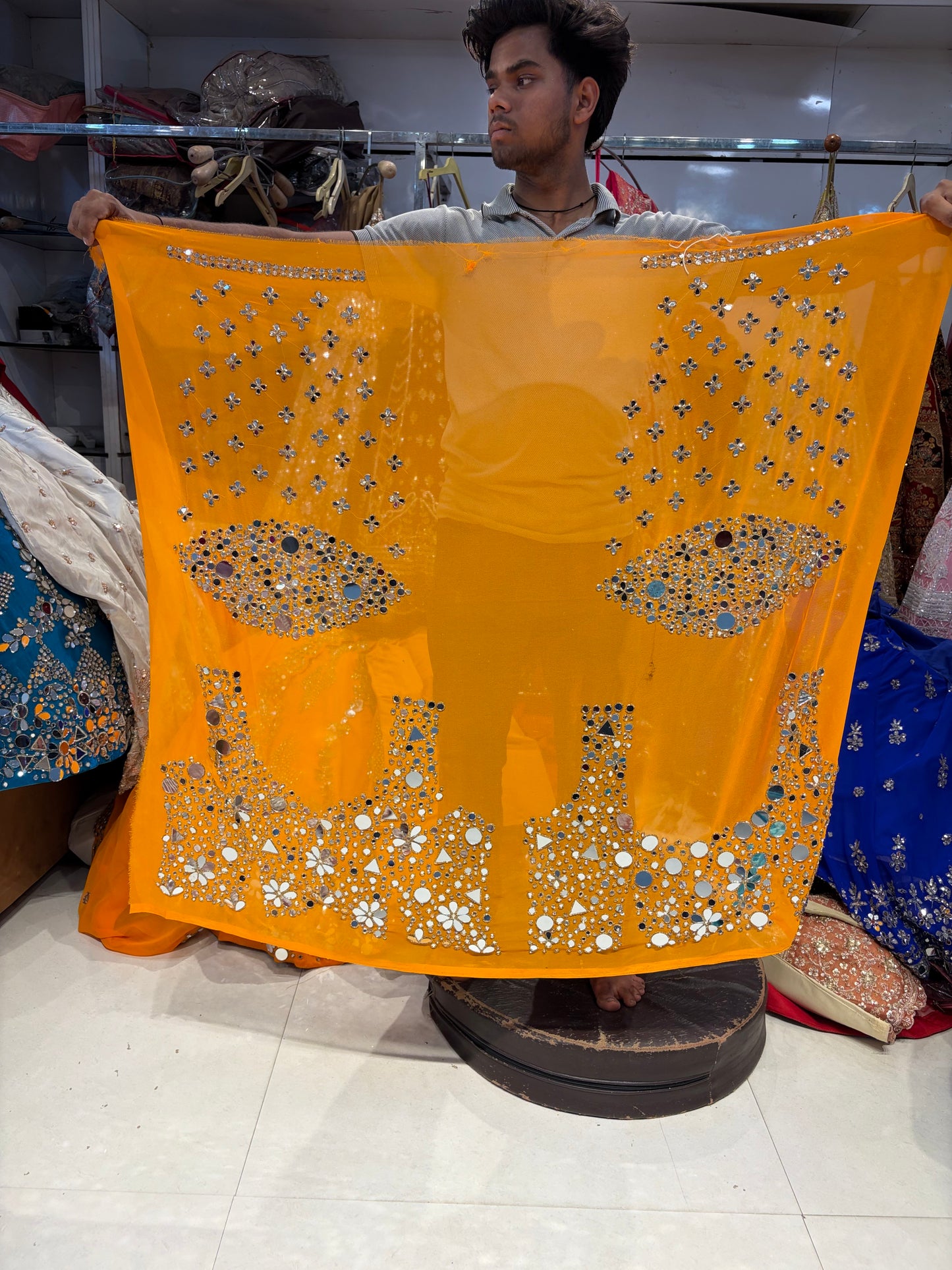 Sparkling Rust Orange Mirror Work Lehenga